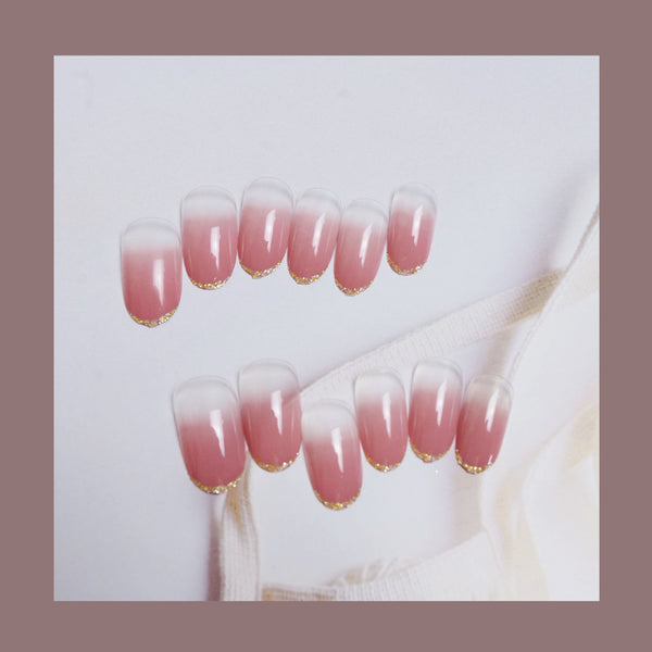 12 Sizes-24 Pcs Press On Nails nude-pink-gold-tip