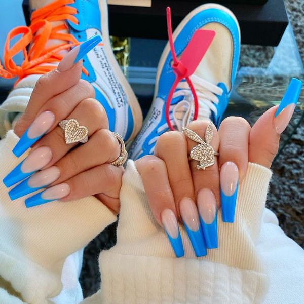 Blue French Glossy Long Press on Nails