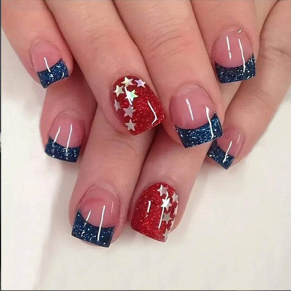 Blue French Short Square Press on Nails