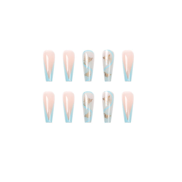 Blue Butterfly Glossy Long Press on Nails