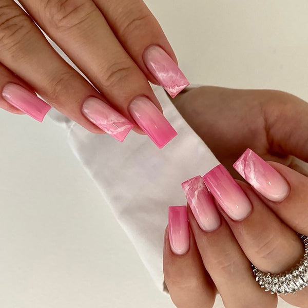 Glossy Long Ombre Pink Square Press on Nails