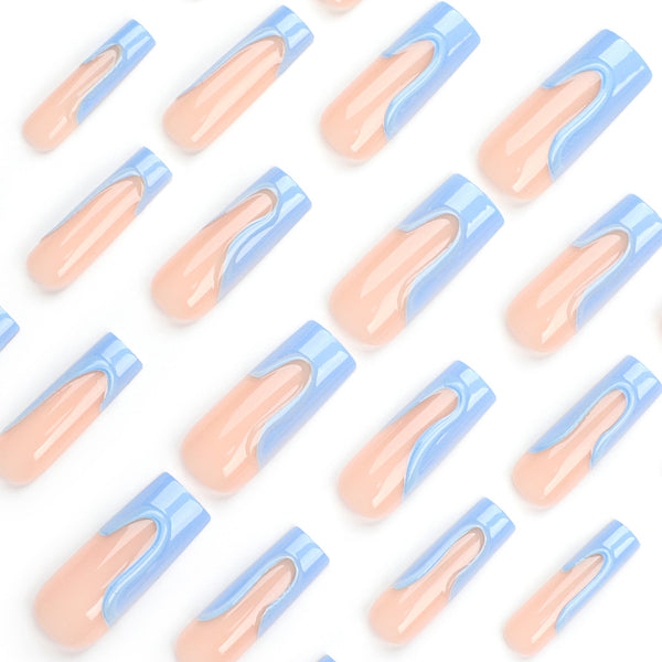 Blue French Glossy Long Press on Nails