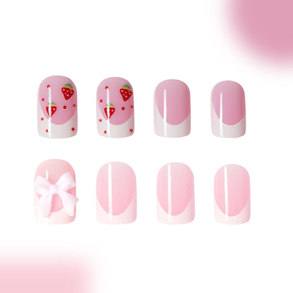 48 Pcs Press On Nails BowStrawberry-1-48pcs