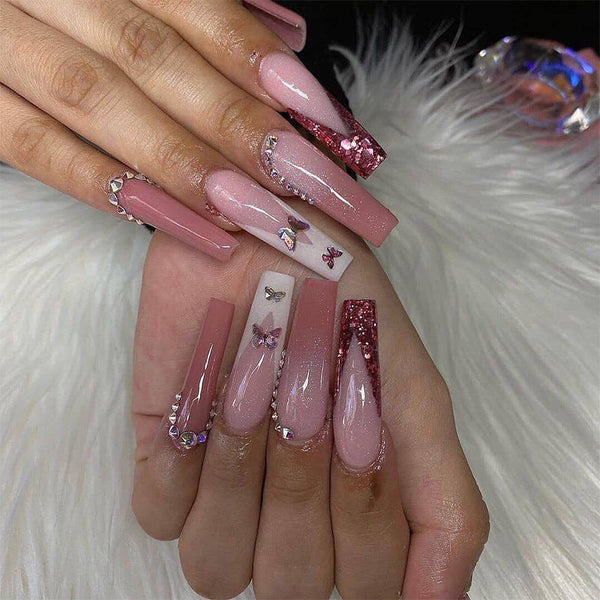 Butterfly French Long Pink Press on Nails