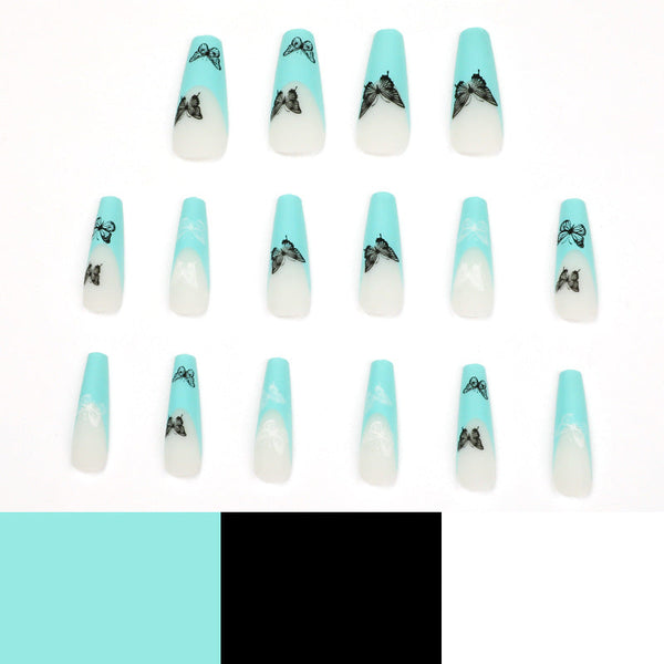 Blue Butterfly French Long Matte Square Press on Nails