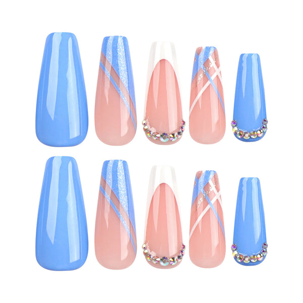 Blue French Long Press on Nails