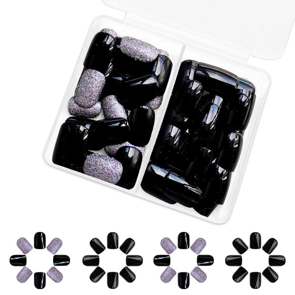48 Pcs Press On Nails BlackGlitter-1-48pcs
