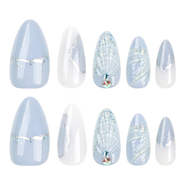 Almond Blue Glossy Long Press on Nails
