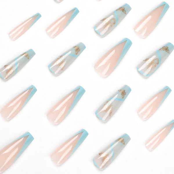 Blue Butterfly Glossy Long Press on Nails