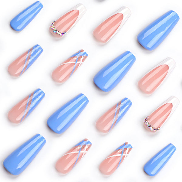 Blue French Long Press on Nails