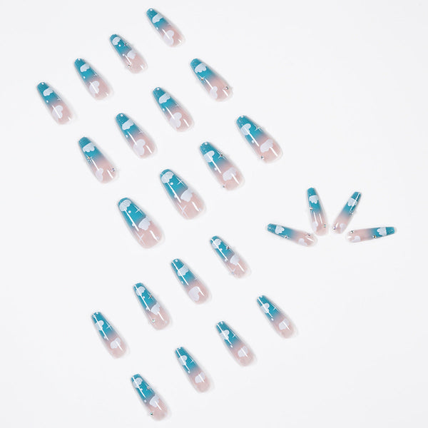 Blue French Glossy Long Press on Nails