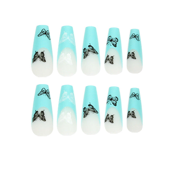 Blue Butterfly French Long Matte Square Press on Nails