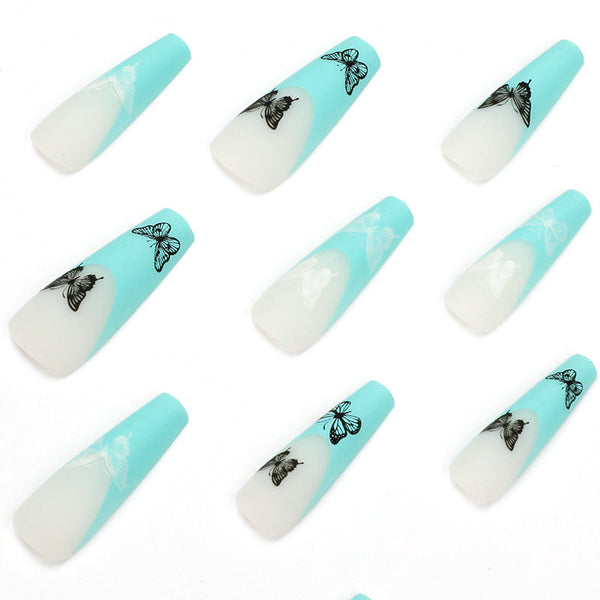 Blue Butterfly French Long Matte Square Press on Nails