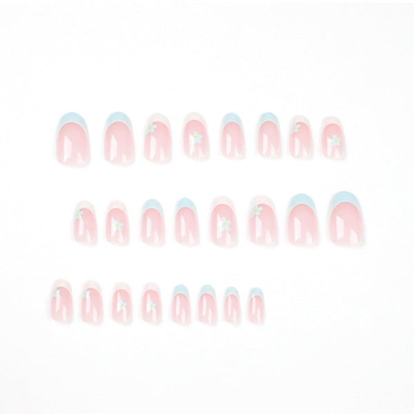 Almond Blue French Glossy Medium Oval Press on Nails