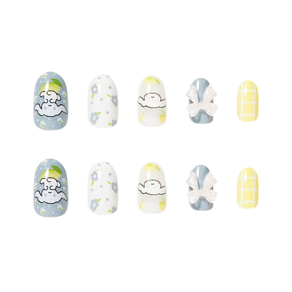 Almond Blue Glossy Medium Oval Press on Nails