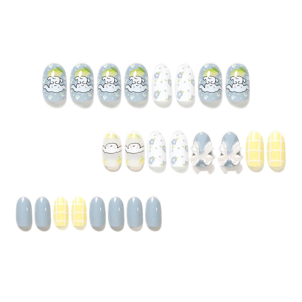 Almond Blue Glossy Medium Oval Press on Nails