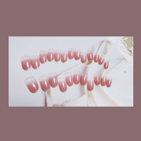 12 Sizes-24 Pcs Press On Nails nude-pink-gold-tip