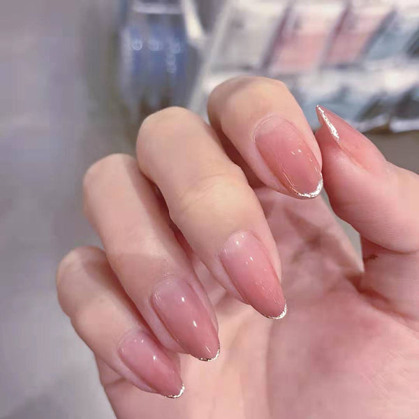 12 Sizes-24 Pcs Press On Nails nude-pink-gold-tip