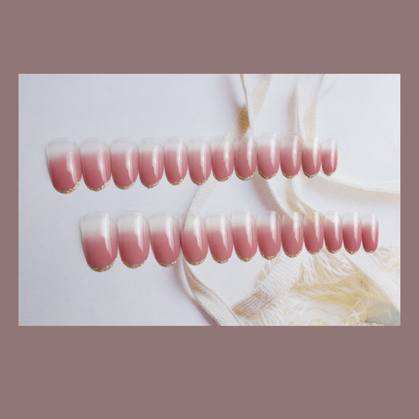 12 Sizes-24 Pcs Press On Nails nude-pink-gold-tip