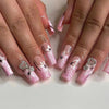 Butterfly French Glossy Long Pink Square Press on Nails