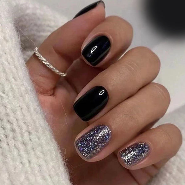48 Pcs Press On Nails BlackGlitter-1-48pcs